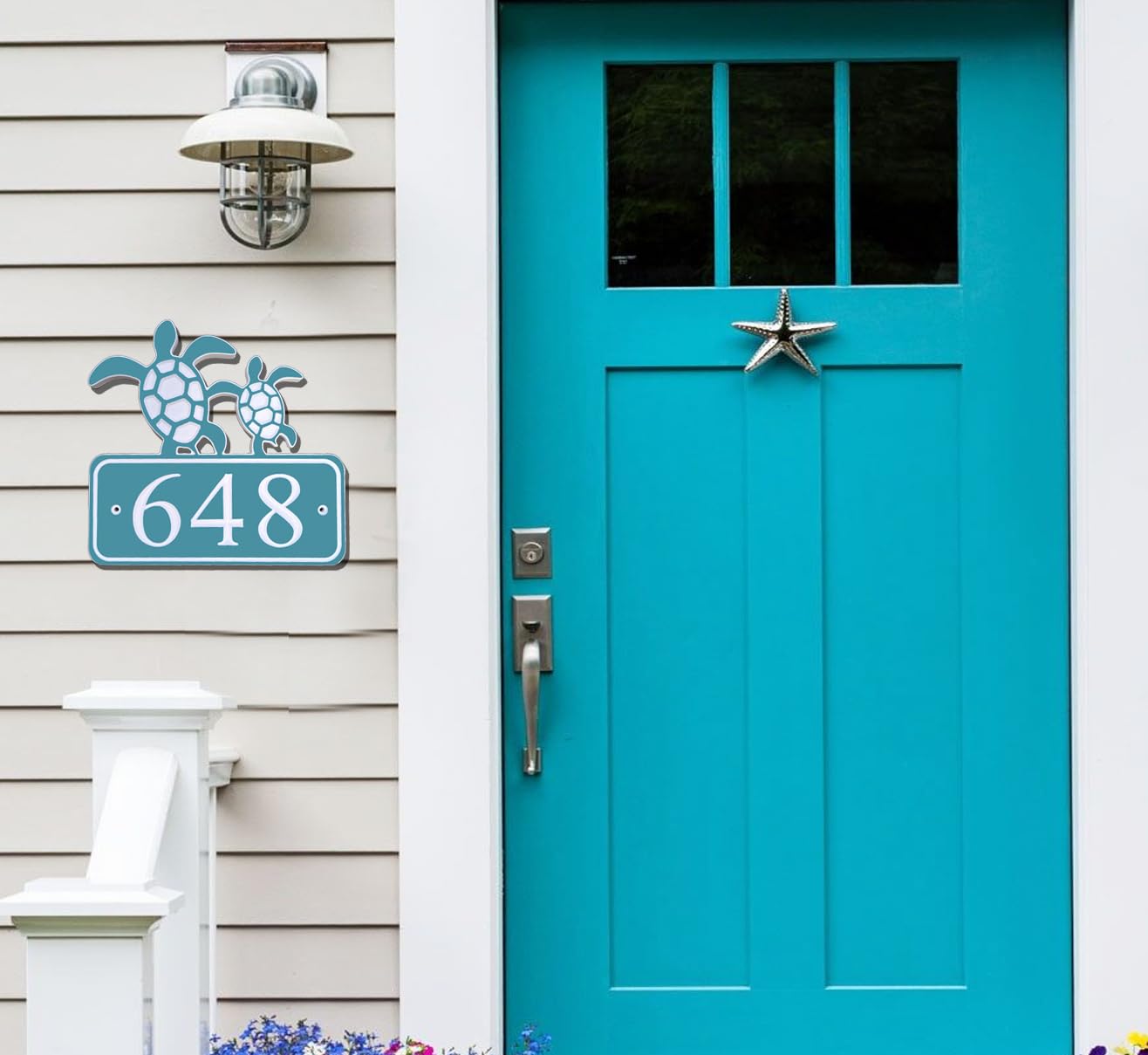 Coastal Address Sign - Carved and Painted House Number With Turtle Design, Outdoor, Weatherproof, Durable, Beach, Coastal, Sea Turtle