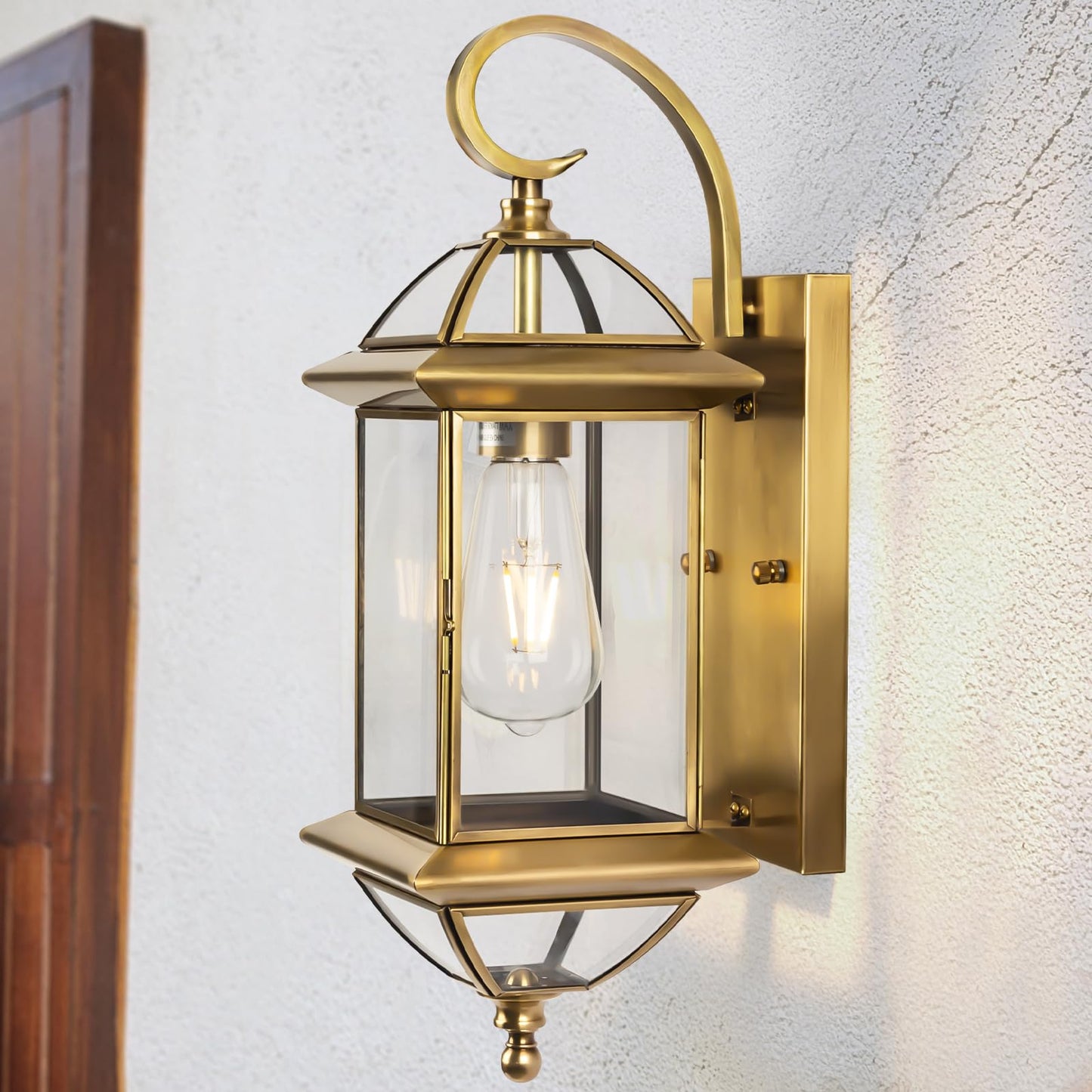 Copper Wall Light Fixture Outdoor 18 Inch, Large Oil Rubbed Brass 100% Solid Copper Outside Wall Mounted Porch Lantern with Clear Glass, Golden Classic Exterior Sconce for Patio Garage Front Door
