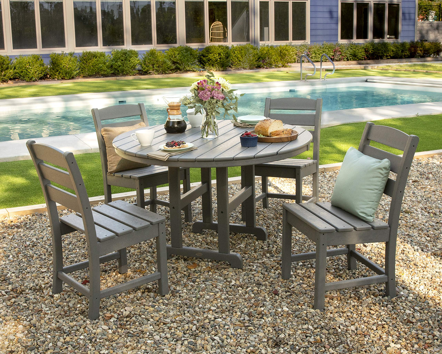 POLYWOOD Lakeside 5-Piece Round Outdoor Dining Set, 48" Patio Table with 4 Chairs, HDPE Recycled Plastic Bistro Furniture Set