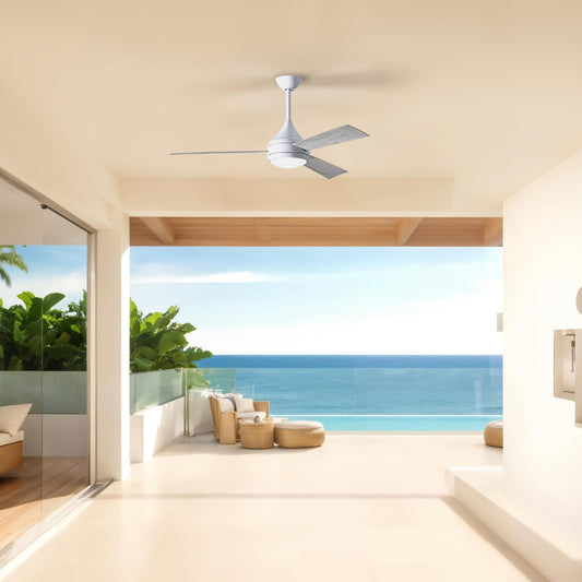 Matthews FBM-DA-WH-BW Donaire Outdoor Wet/Salt Water Rated 52" Marine-Grade Coastal Ceiling Fan with LED Light & Remote, Gloss White with Barn Wood Tone