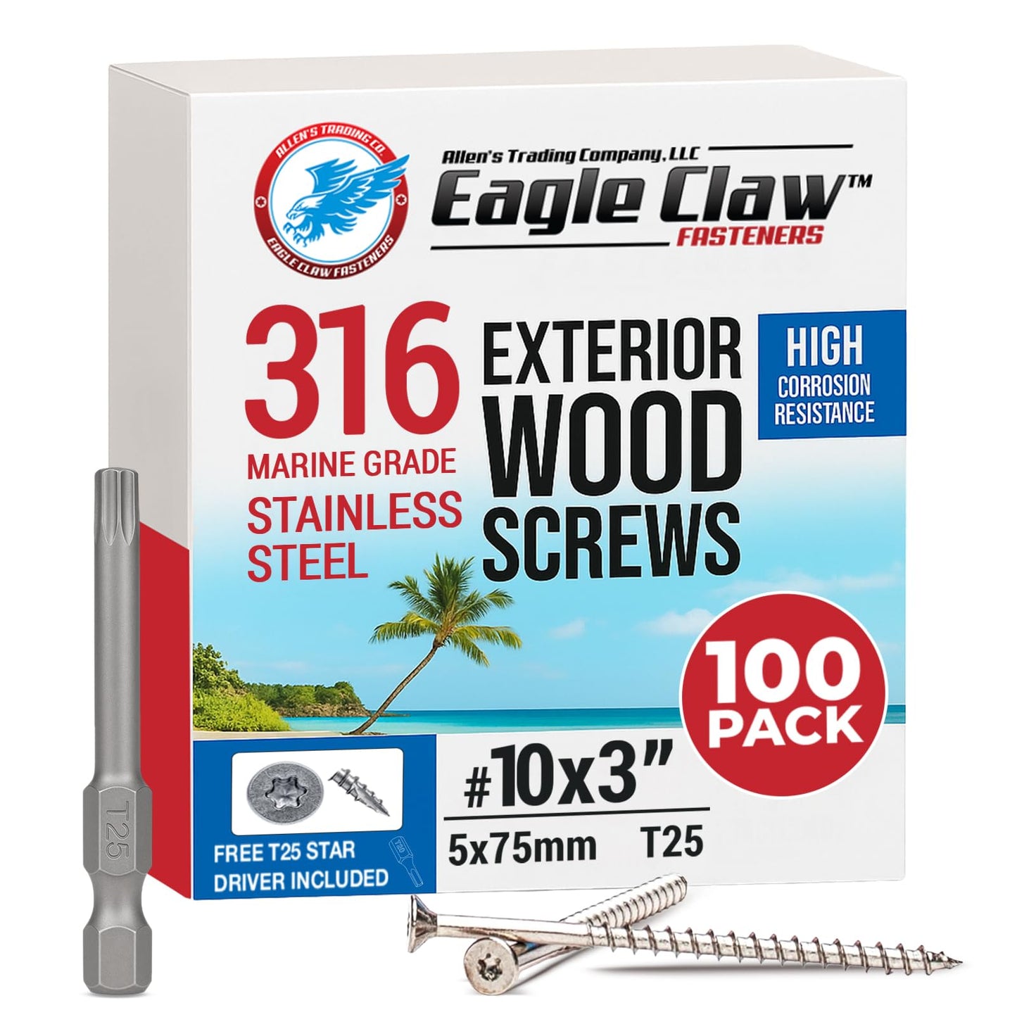 Allen's Trading Co. #10 x 3 Inch 316 Stainless Steel Screws Marine Grade (100 Pack, T25 Star) | Stainless Steel Wood Screws w/Driver Bit | High Corrosion Resistance for Coastal Construction