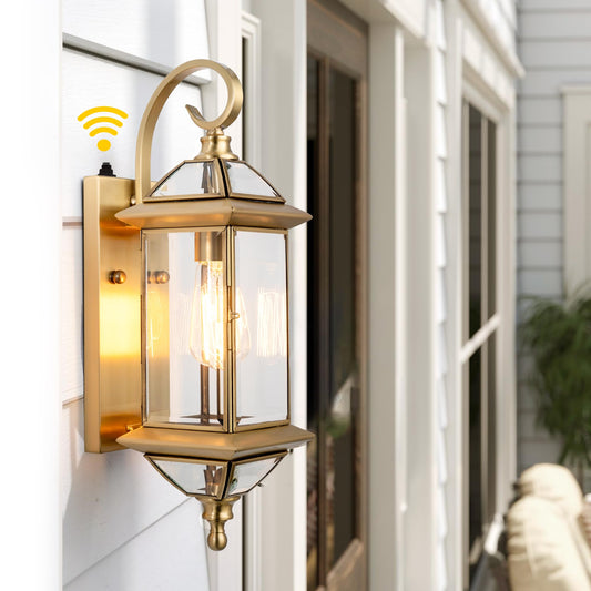 GAAZIE Solid Copper Dusk to Dawn Outdoor Wall Lantern, 18.5" Standard Entry Satin Brass Porch Light with Clear Beveled Glass, Exterior Wall Light Sconce for Front Door, Patio & Entryway, E26 Base