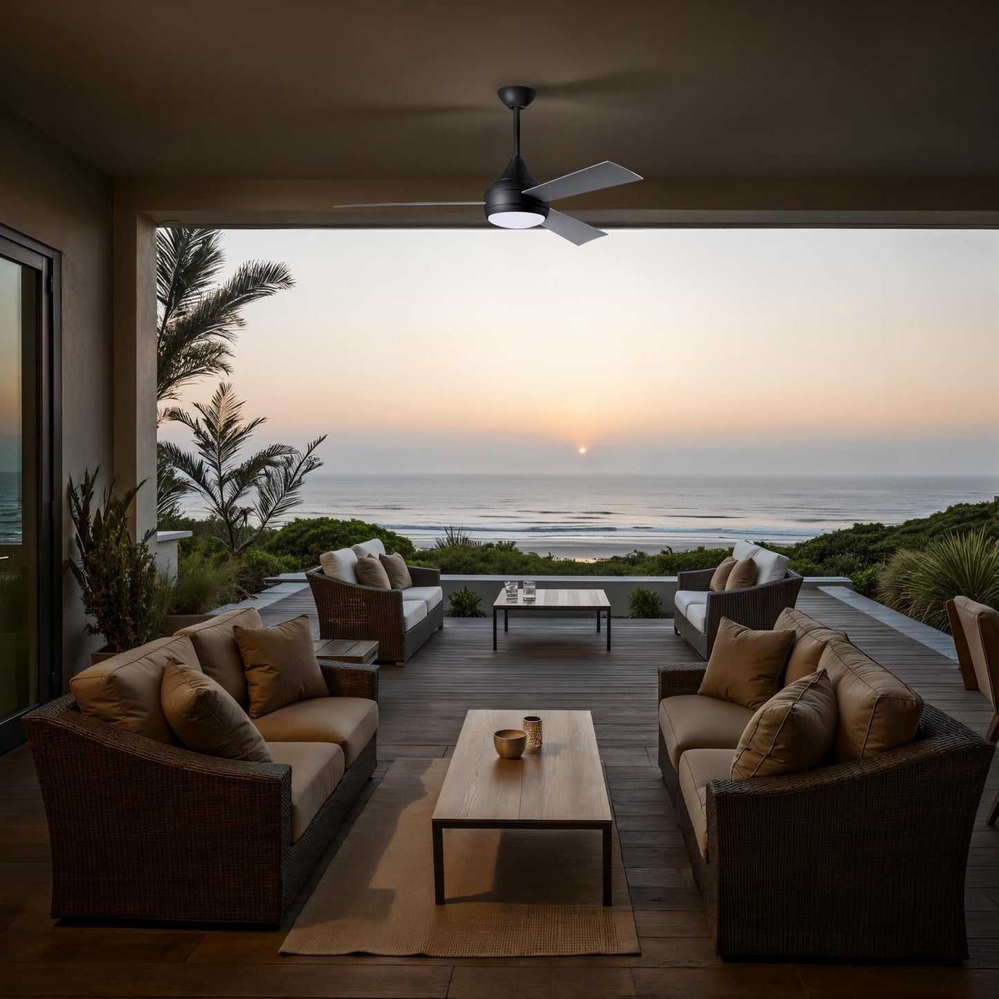 Matthews FBM-DA-BK-BS Donaire Outdoor Wet/Salt Water Rated 52" Marine-Grade Coastal Ceiling Fan with LED Light & Remote, Matte Black with Brushed Stainless
