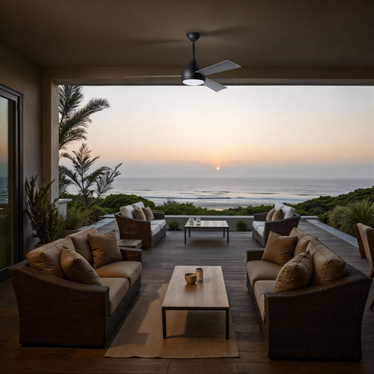 Matthews FBM-DA-BK-BS Donaire Outdoor Wet/Salt Water Rated 52" Marine-Grade Coastal Ceiling Fan with LED Light & Remote, Matte Black with Brushed Stainless