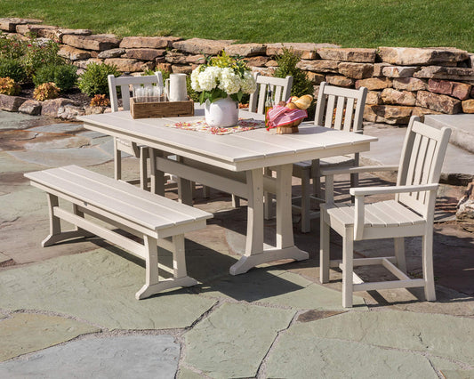 POLYWOOD® Traditional Garden 6-Piece Farmhouse Dining Set with Bench, Outdoor Patio Furniture Dining Table 4 Chairs